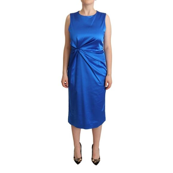 P.A.R.O.S.H. Blue Acetate Sleeveless Pleated Midi Sheath Women's Dress - Picture 1 of 4